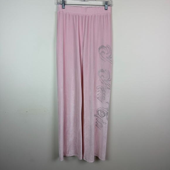 I.AM.GIA Daria Velour Rhinestone Logo Track Pants in Baby Pink Size S - Picture 3 of 10